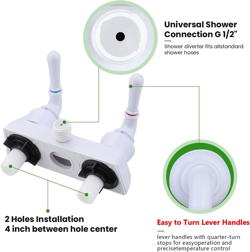 gcbcrit RV Shower Faucet, Camper Shower Faucet Diverter with Classical Handles, 4" RV Shower Valve Diverter for Camper Van, Outside and Inside Bathroom Shower (White) - Image 5